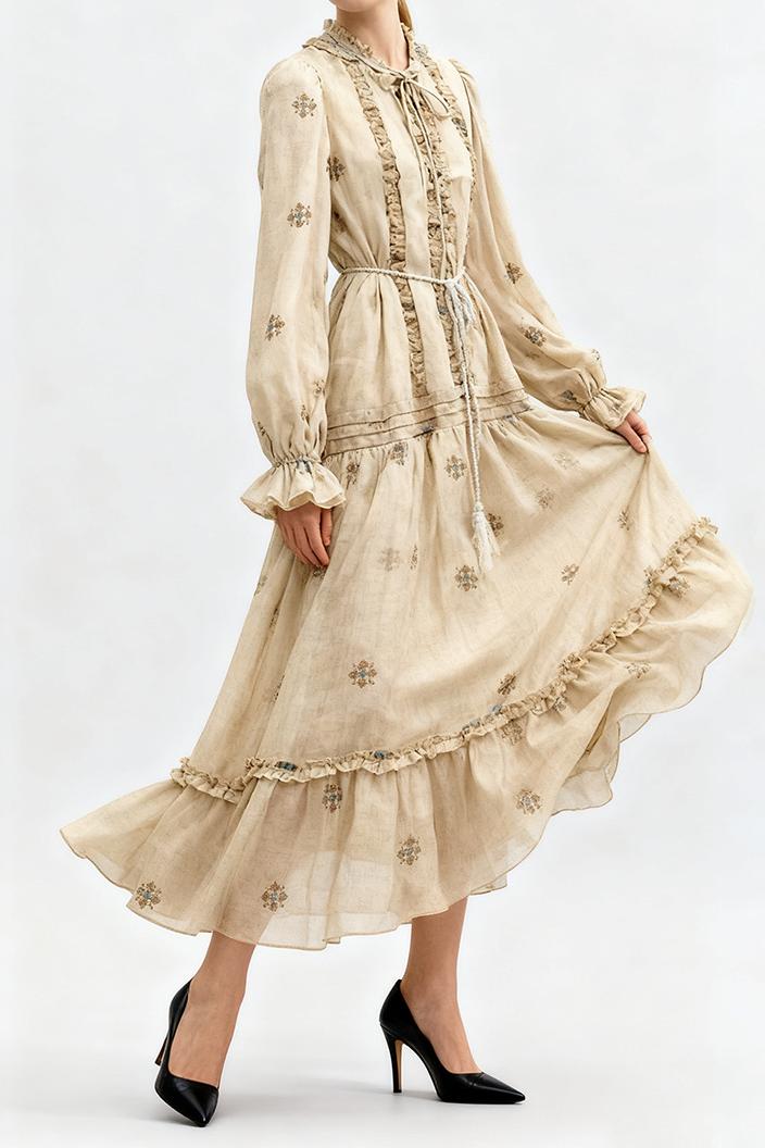 Embroidered Frill Tie-Up Midi Dress With Belt