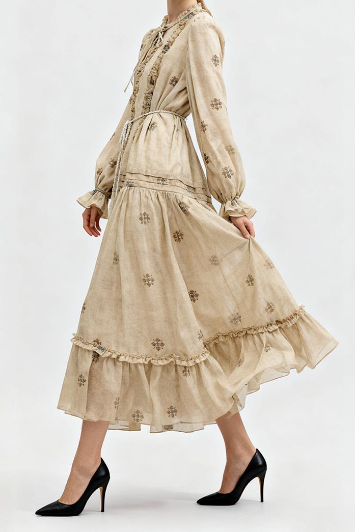 Embroidered Frill Tie-Up Midi Dress With Belt