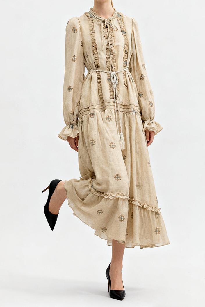 Embroidered Frill Tie-Up Midi Dress With Belt