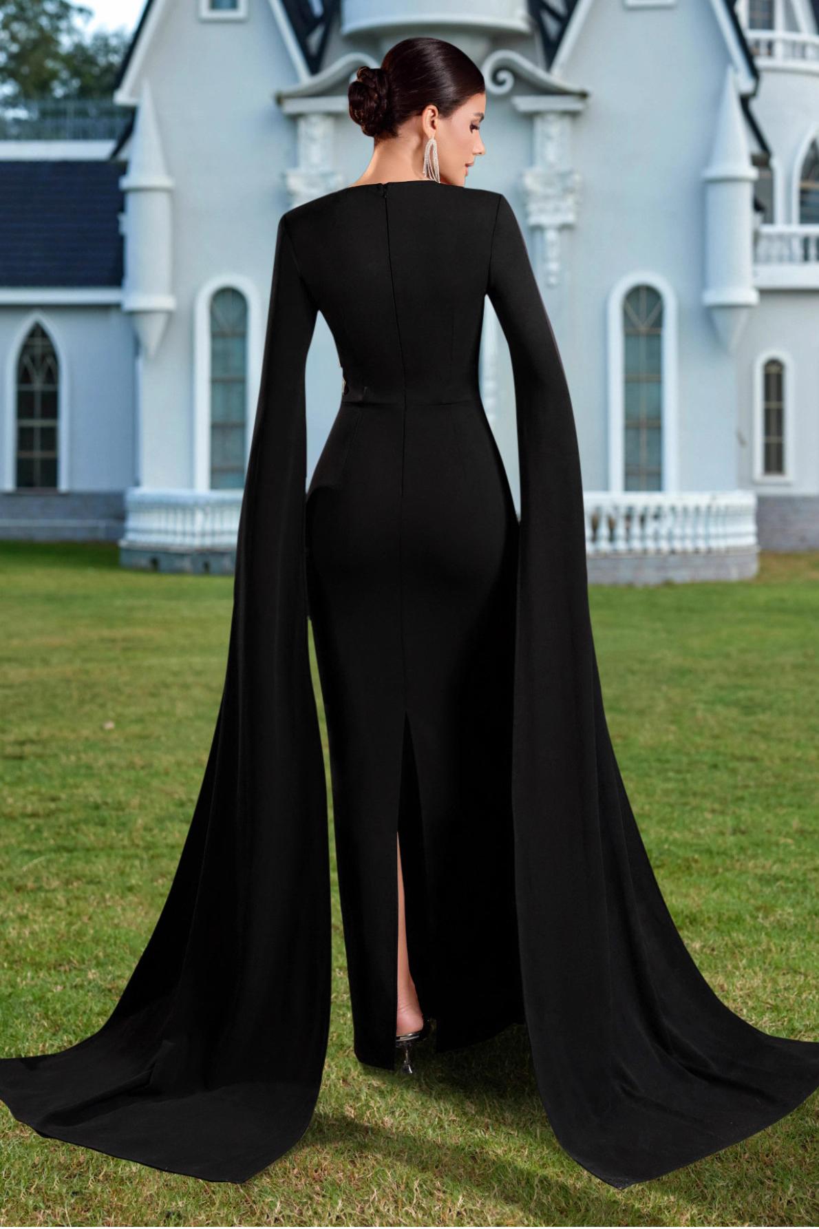 Contrast Color 3D Flower Cape Sleeve Maxi Dress