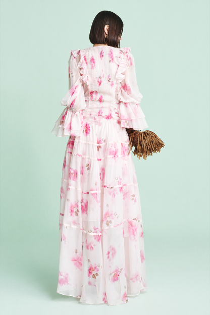 Floral Pleated Ruffle Maxi Dress