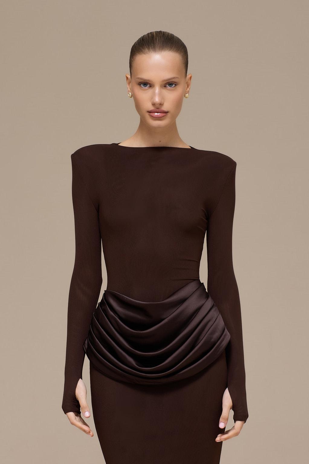 Jersey Splicing Satin Long Sleeve Maxi Dress