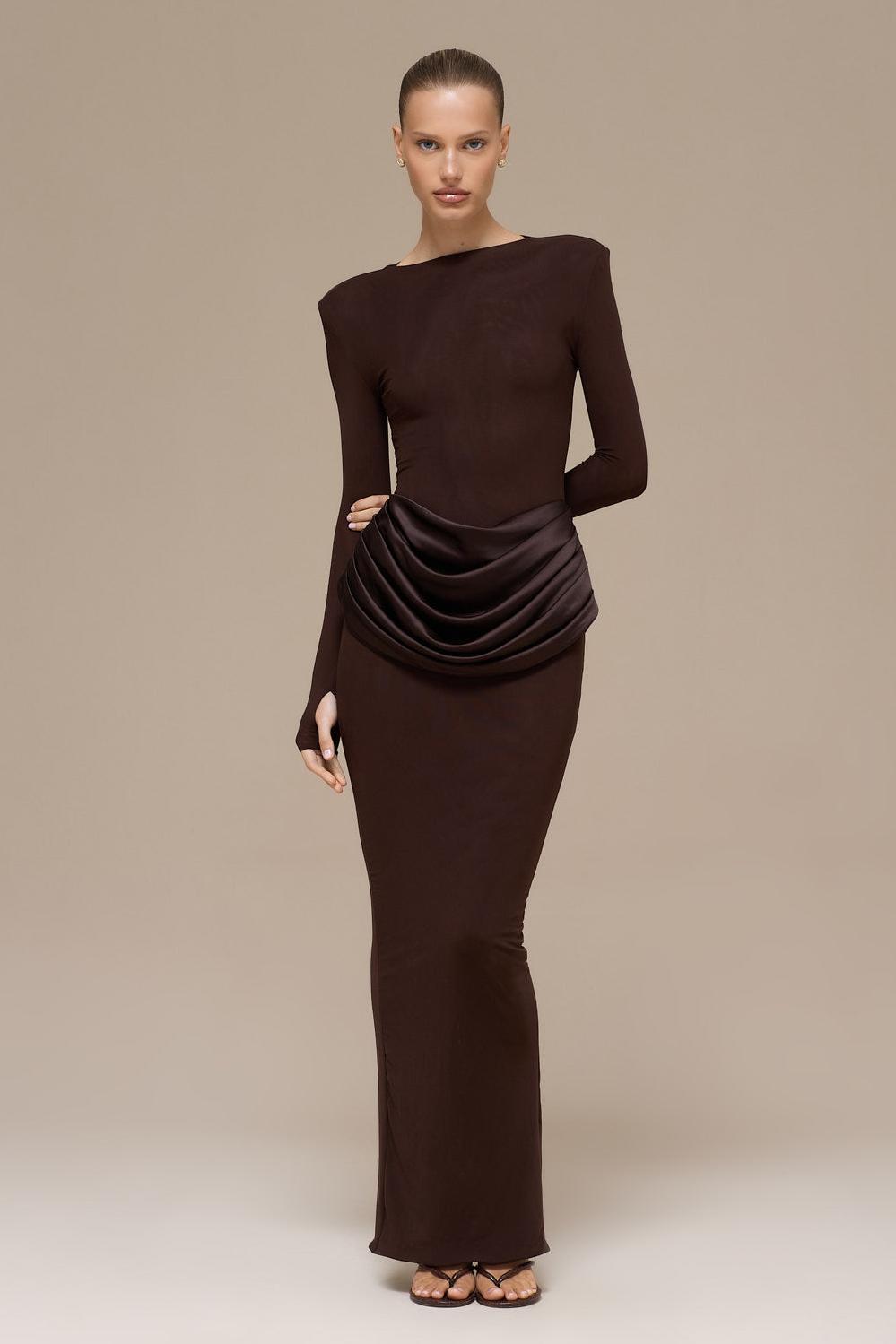 Jersey Splicing Satin Long Sleeve Maxi Dress