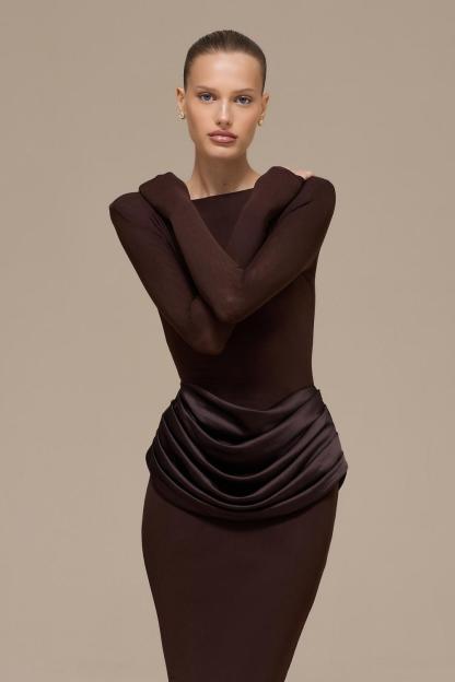 Jersey Splicing Satin Long Sleeve Maxi Dress