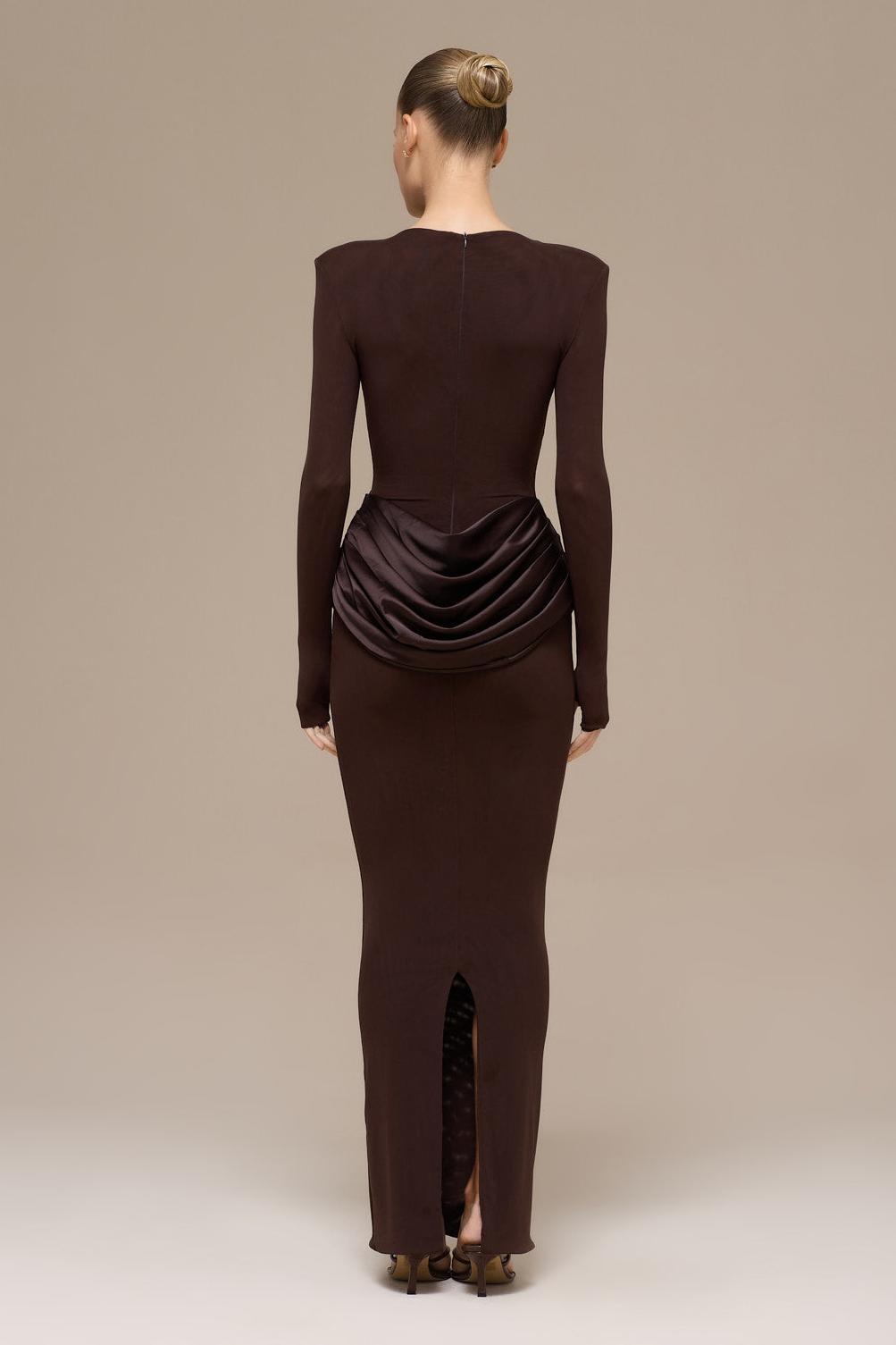 Jersey Splicing Satin Long Sleeve Maxi Dress