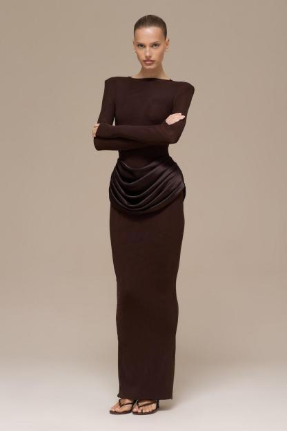 Jersey Splicing Satin Long Sleeve Maxi Dress