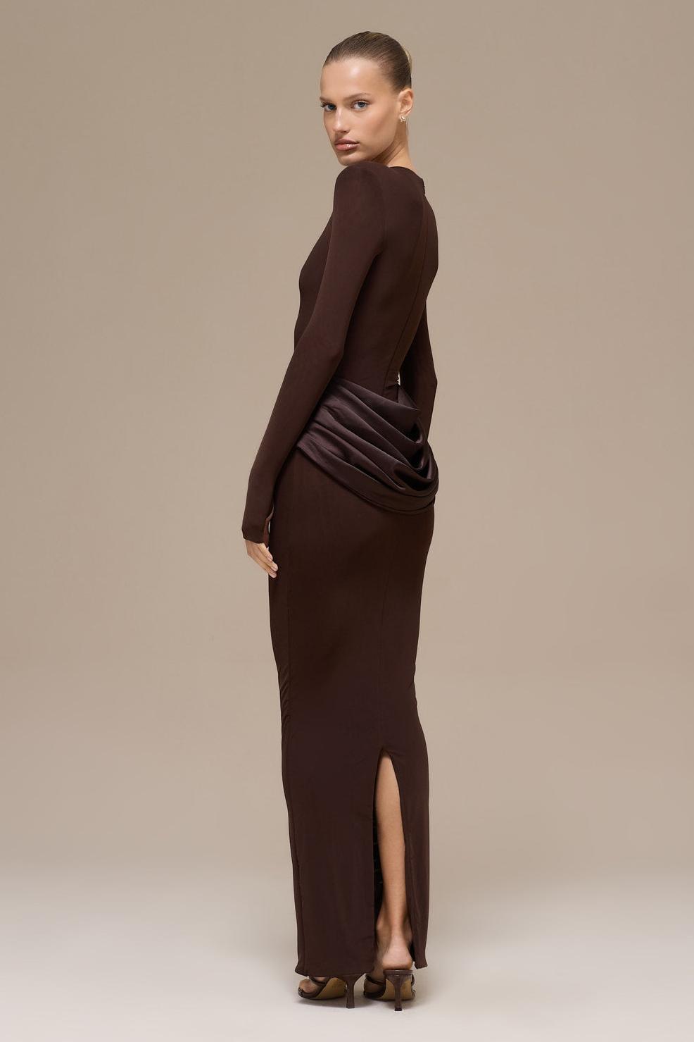 Jersey Splicing Satin Long Sleeve Maxi Dress