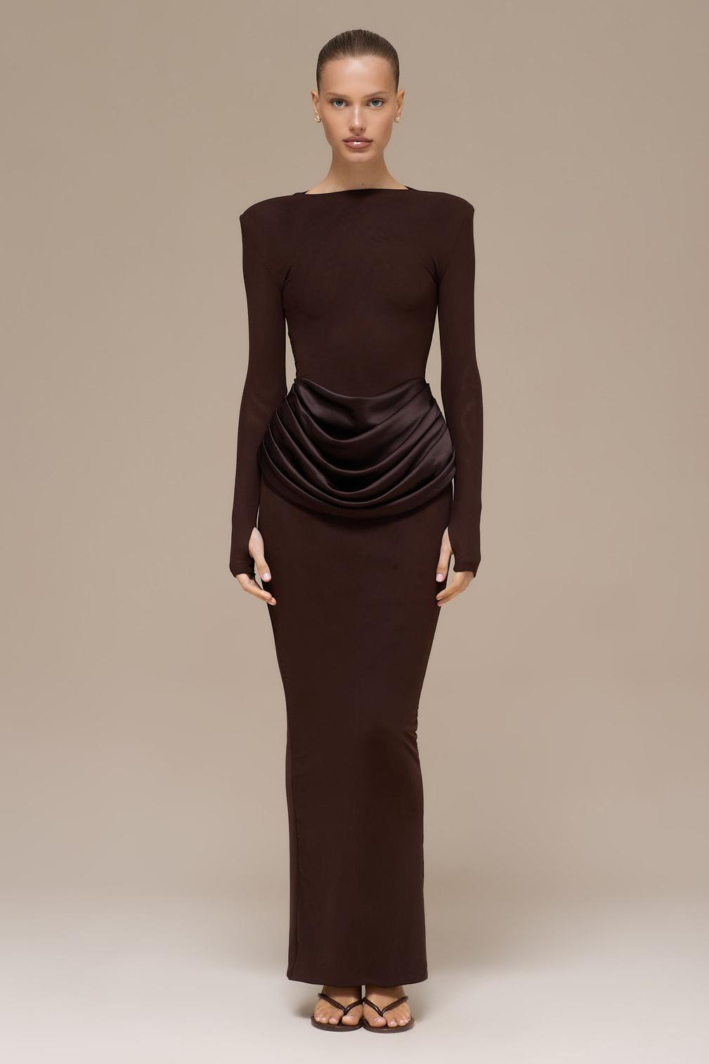 Jersey Splicing Satin Long Sleeve Maxi Dress