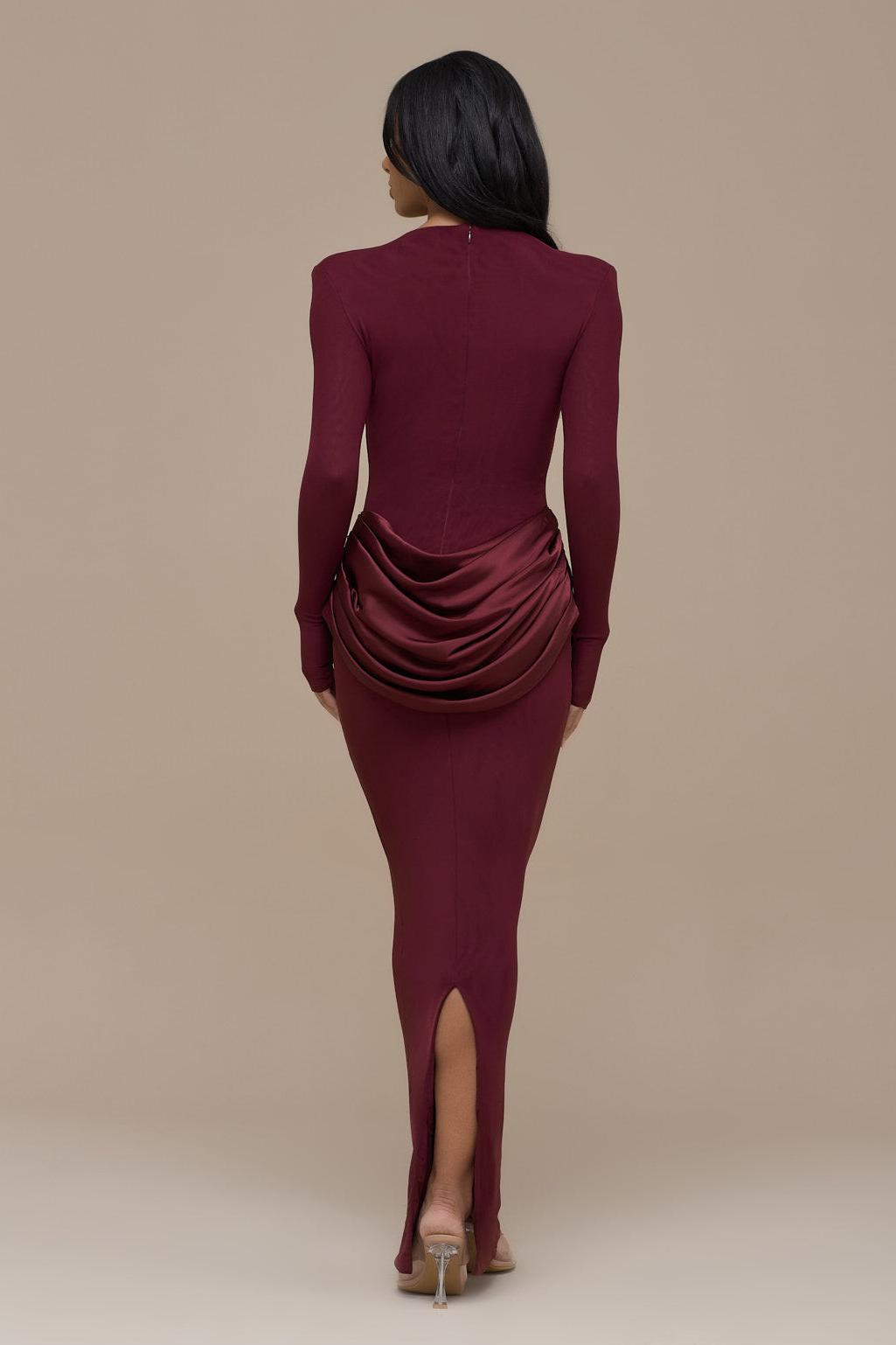 Jersey Splicing Satin Long Sleeve Maxi Dress