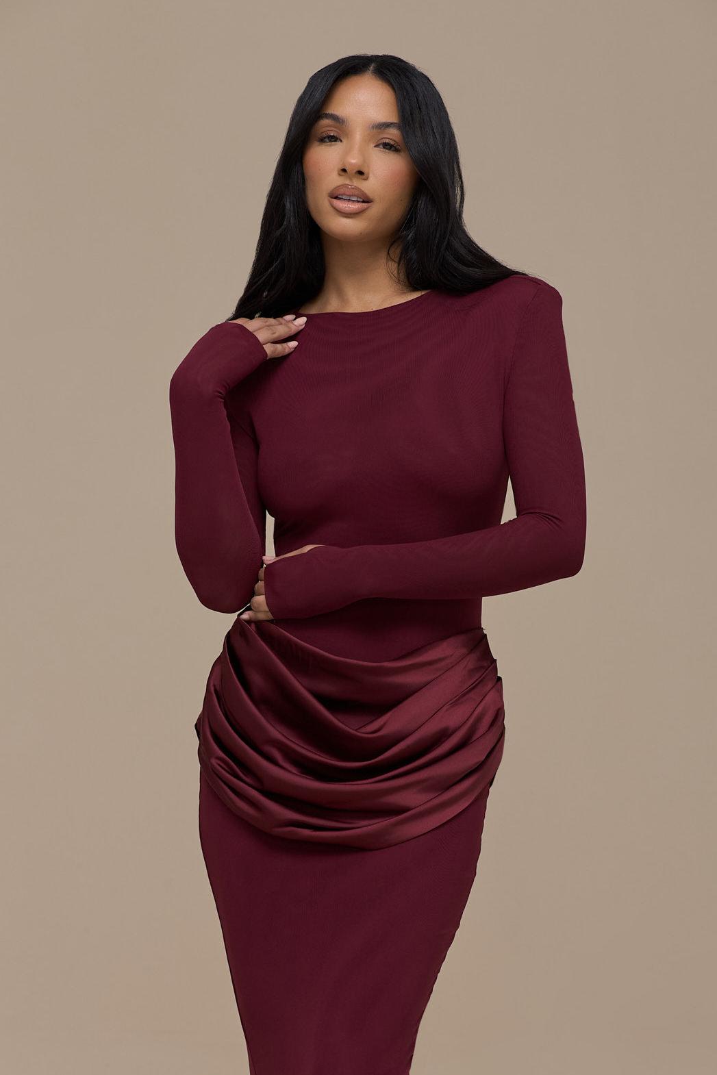 Jersey Splicing Satin Long Sleeve Maxi Dress