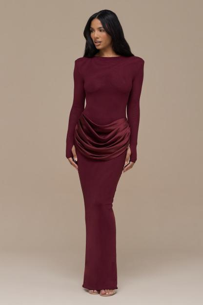 Jersey Splicing Satin Long Sleeve Maxi Dress
