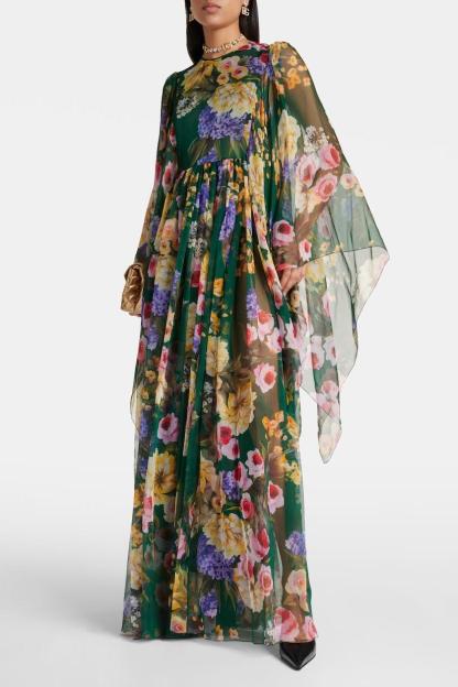Chiffon Floral Cape Sleeve Maxi Dress