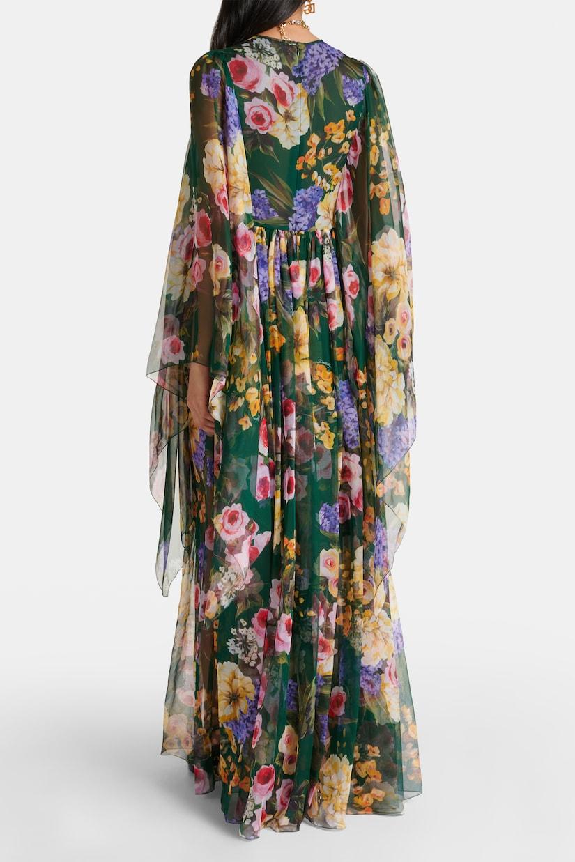 Chiffon Floral Cape Sleeve Maxi Dress