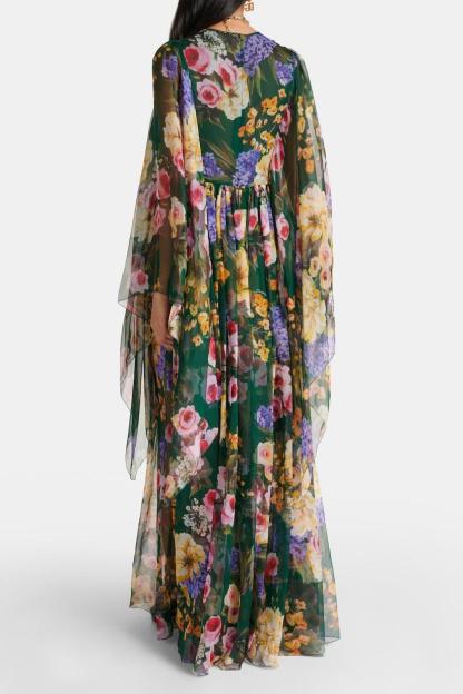 Chiffon Floral Cape Sleeve Maxi Dress