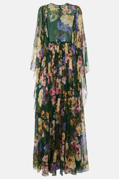 Chiffon Floral Cape Sleeve Maxi Dress