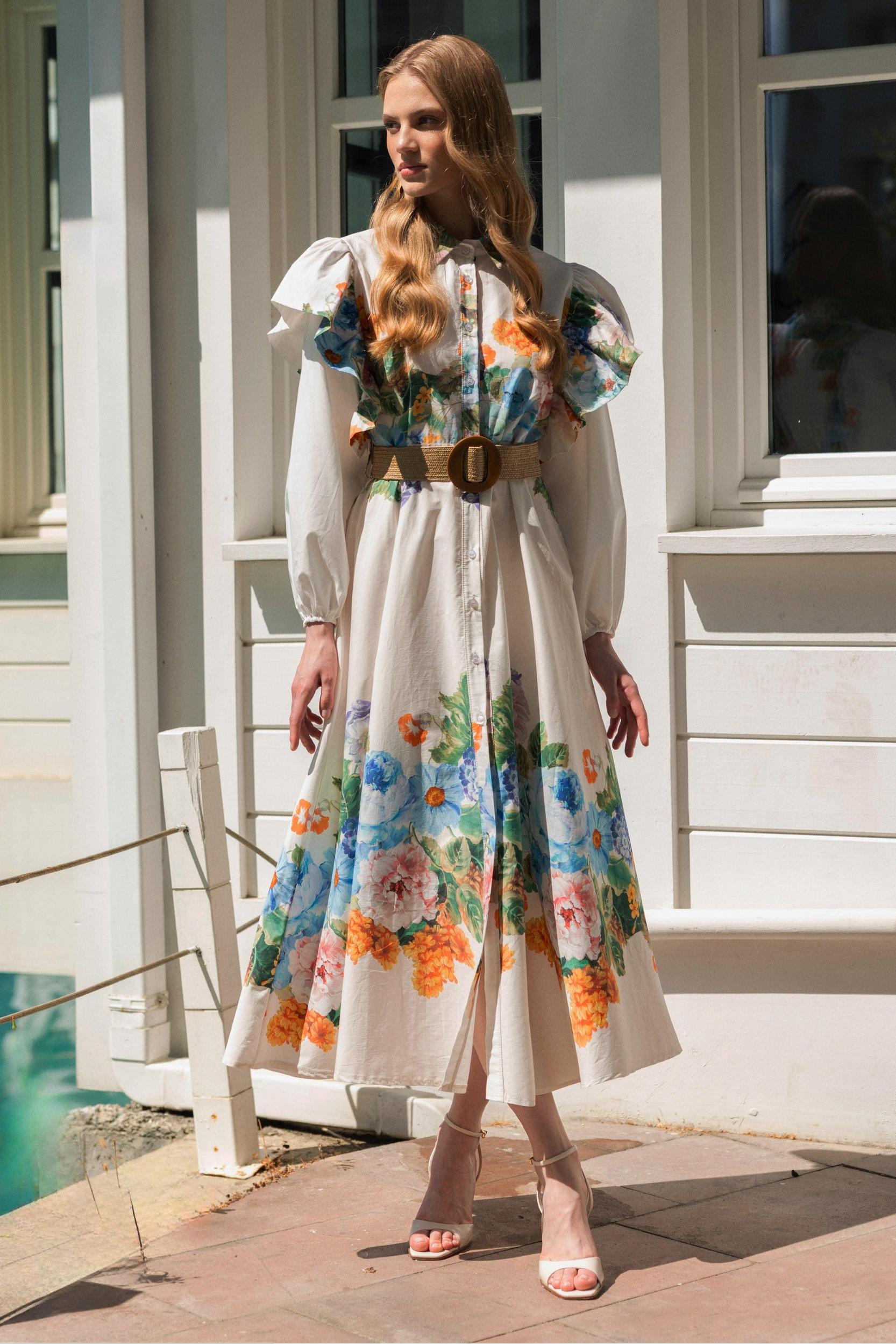 Chiffon Floral Ruffle Midi Dress With Belt