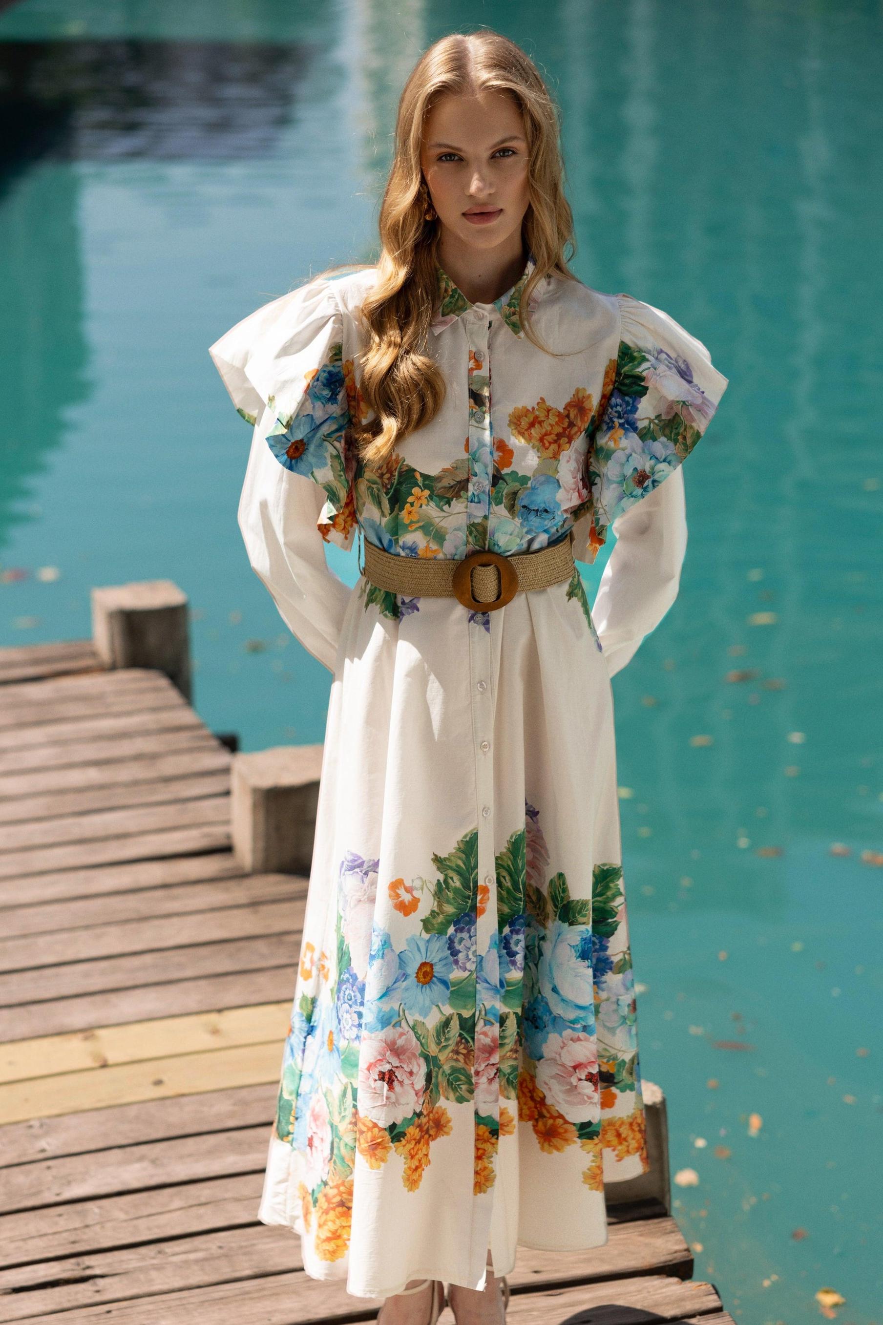 Chiffon Floral Ruffle Midi Dress With Belt