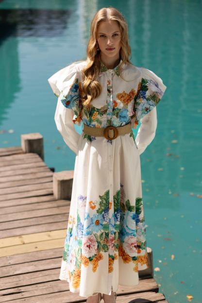 Chiffon Floral Ruffle Midi Dress With Belt