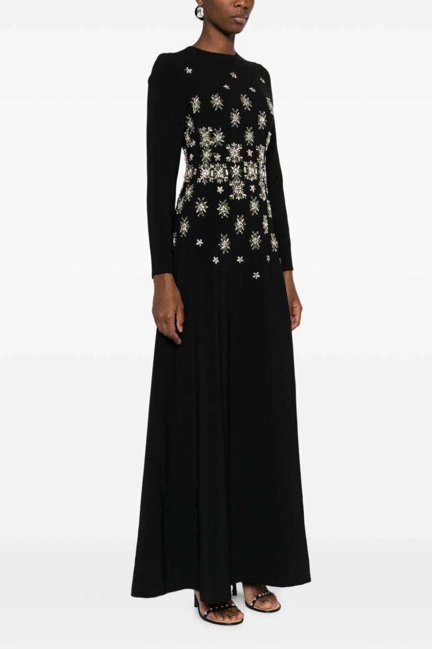 Rhinestone Rivets Round Neck Long Sleeve Maxi Dress