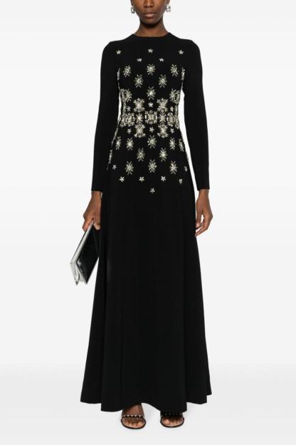 Rhinestone Rivets Round Neck Long Sleeve Maxi Dress