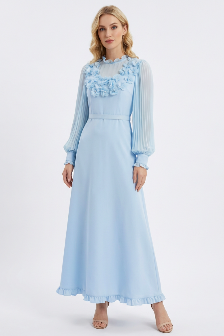 3D Flower Pleated Midi Dress With Belt