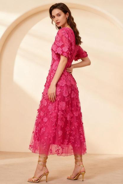 Embroidered V-Neck Puff Sleeve Midi Dress