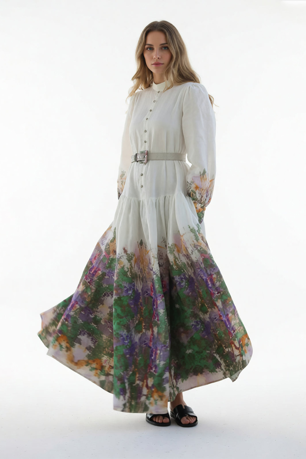 Abstract Print Single Breasted Midi Dress With Belt