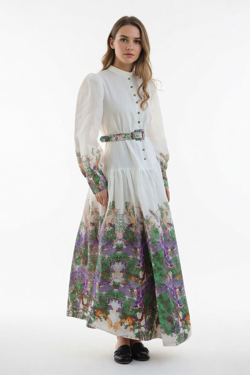 Abstract Print Single Breasted Midi Dress With Belt