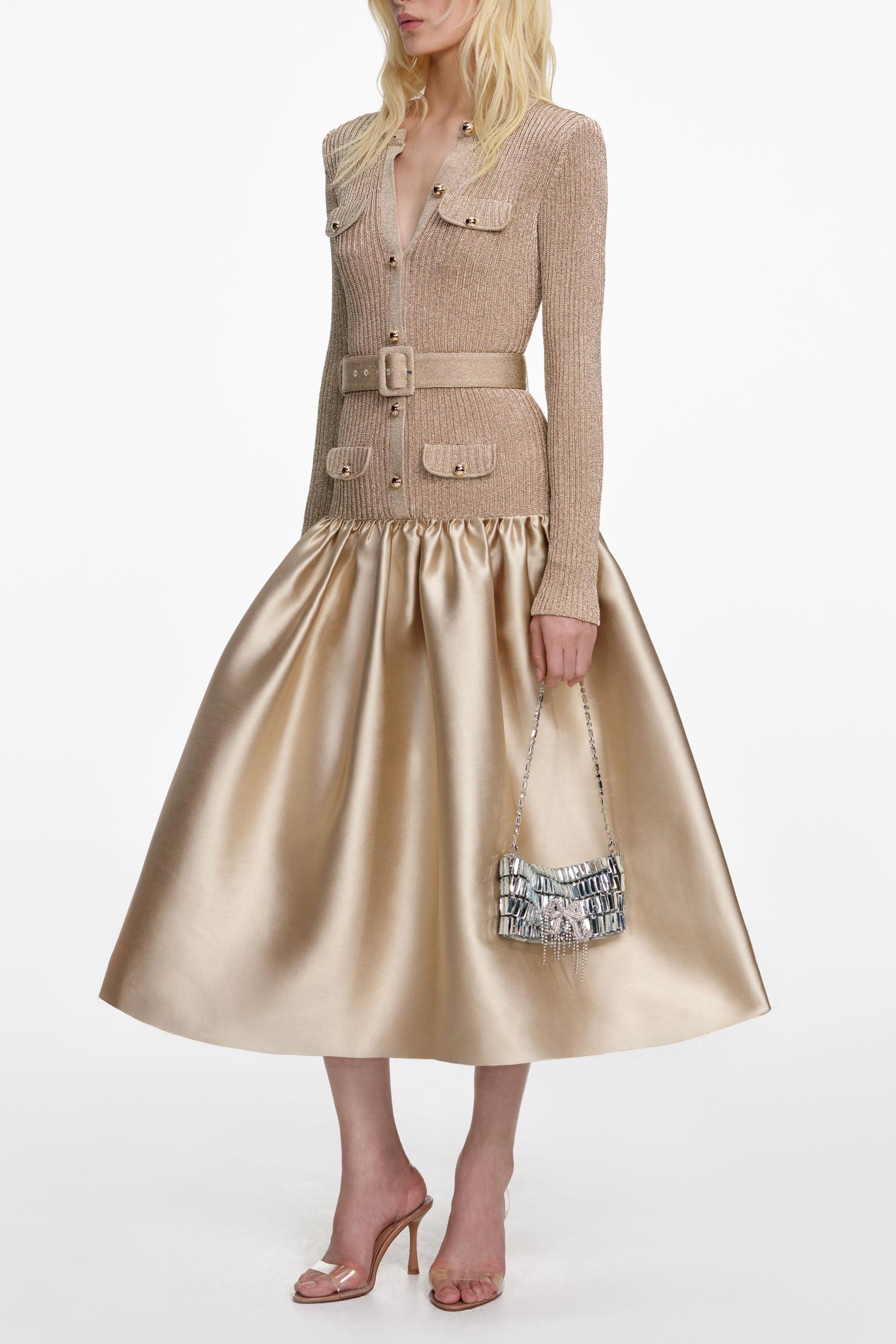 Knit Splicing Satin Midi Dress With Belt