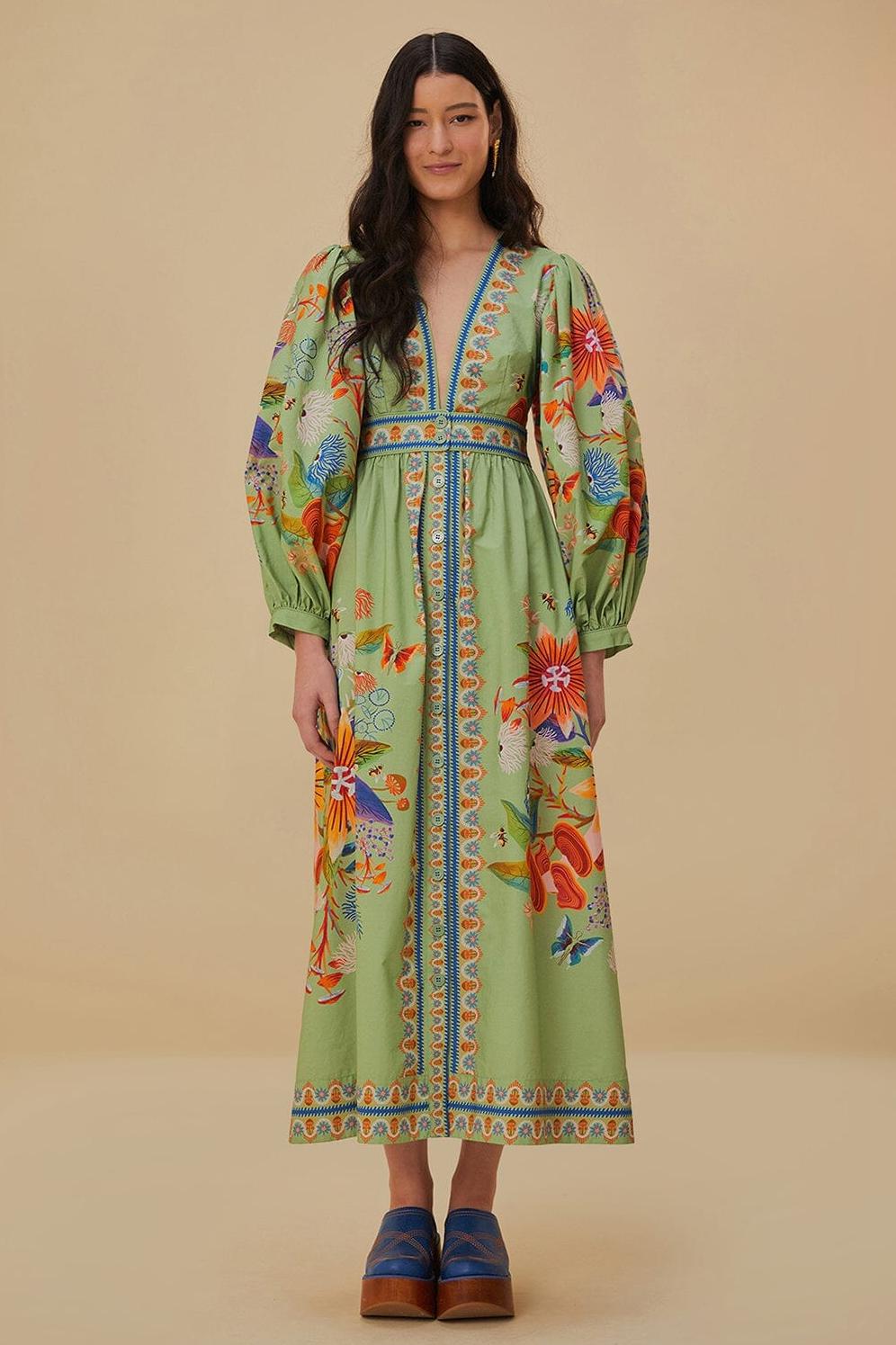 Paisley Print V-Neck Single Breasted Midi Dress
