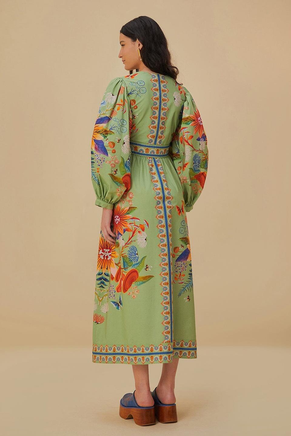 Paisley Print V-Neck Single Breasted Midi Dress