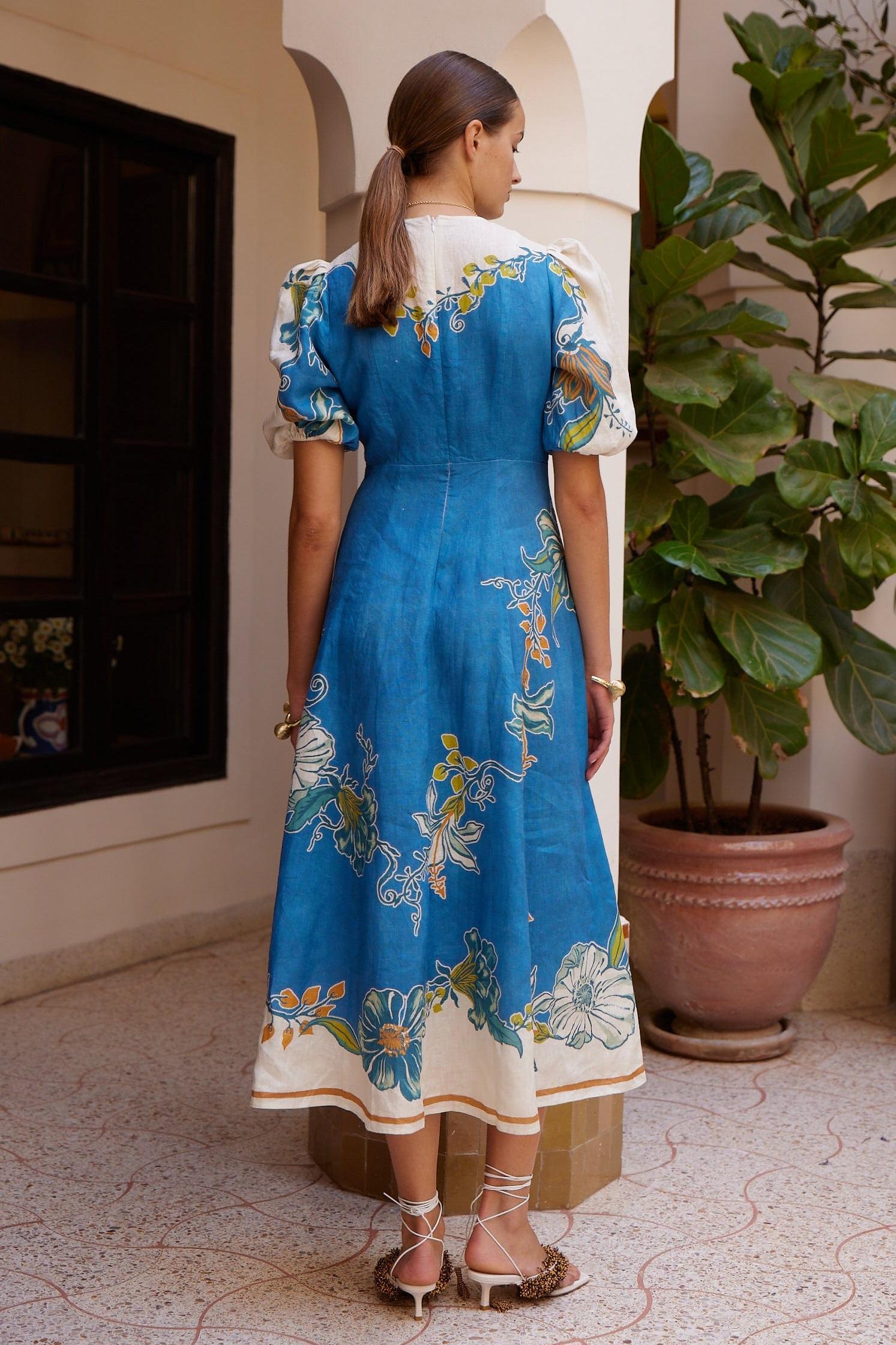 Floral Round Neck Puff Sleeve Midi Dress