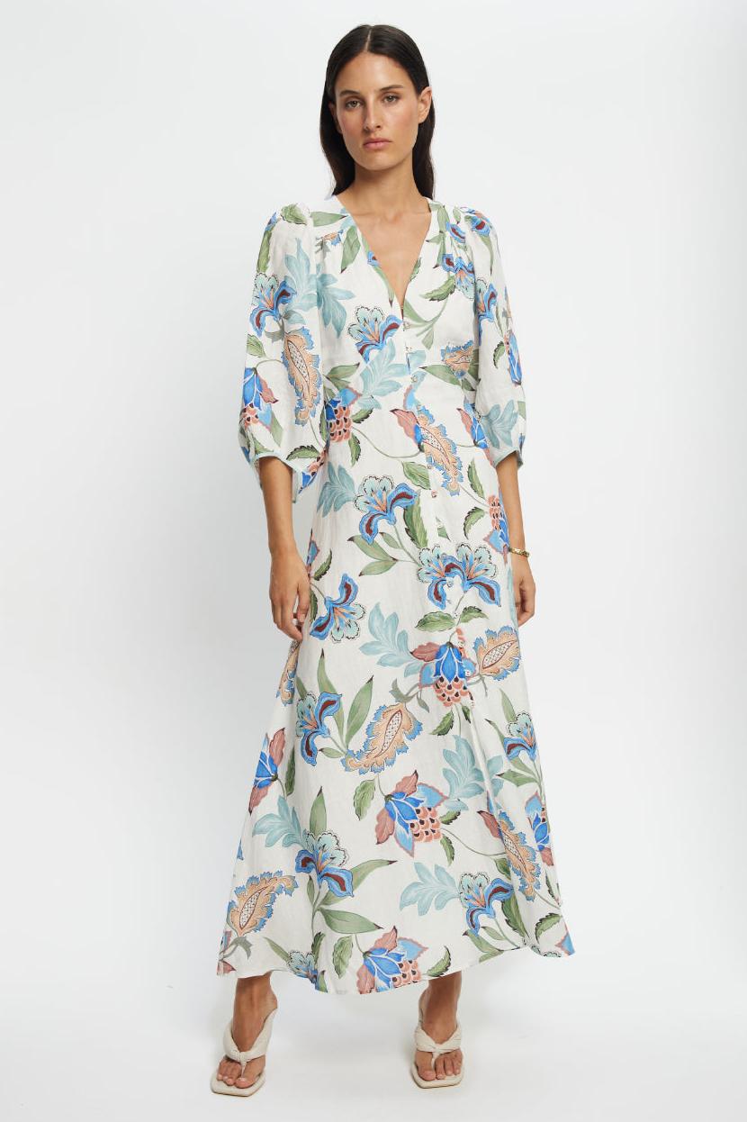Floral V-Neck Single Breasted Midi Dress