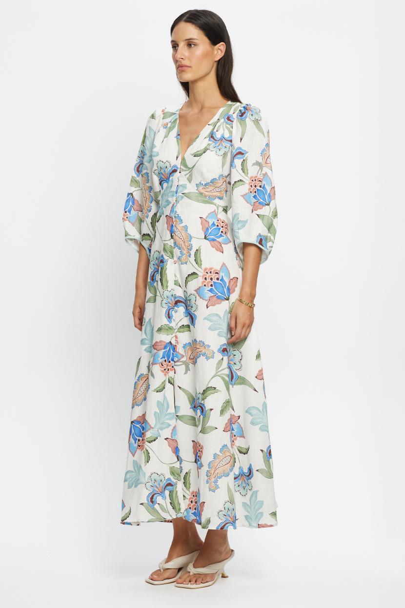 Floral V-Neck Single Breasted Midi Dress