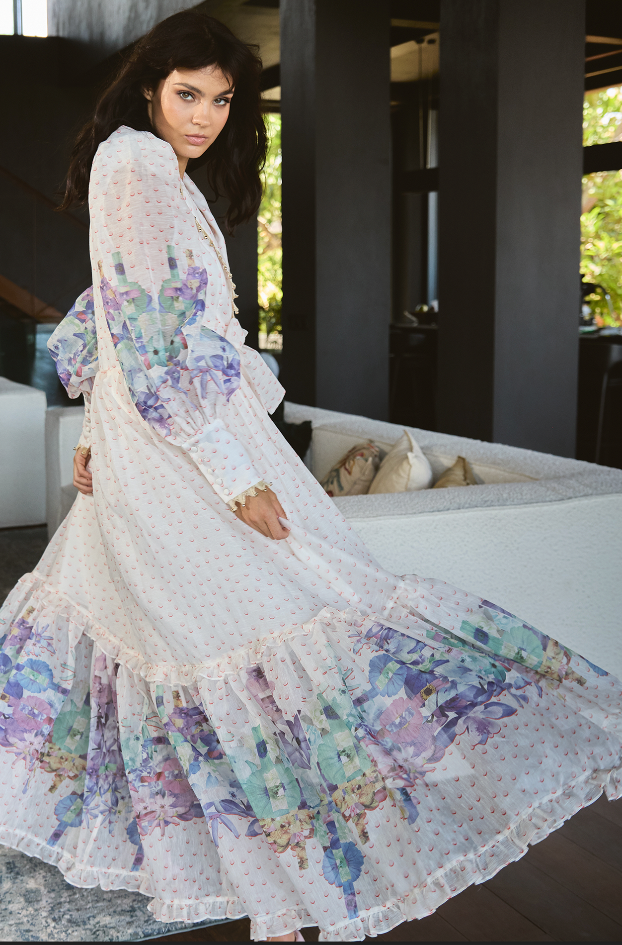 Floral Rivet Tie-Up Midi Dress