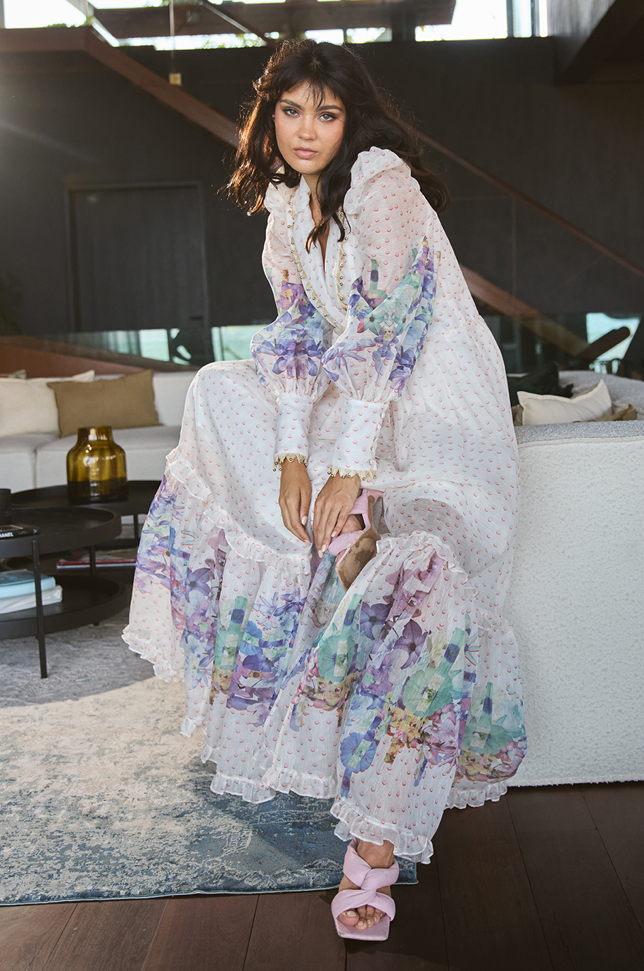 Floral Rivet Tie-Up Midi Dress