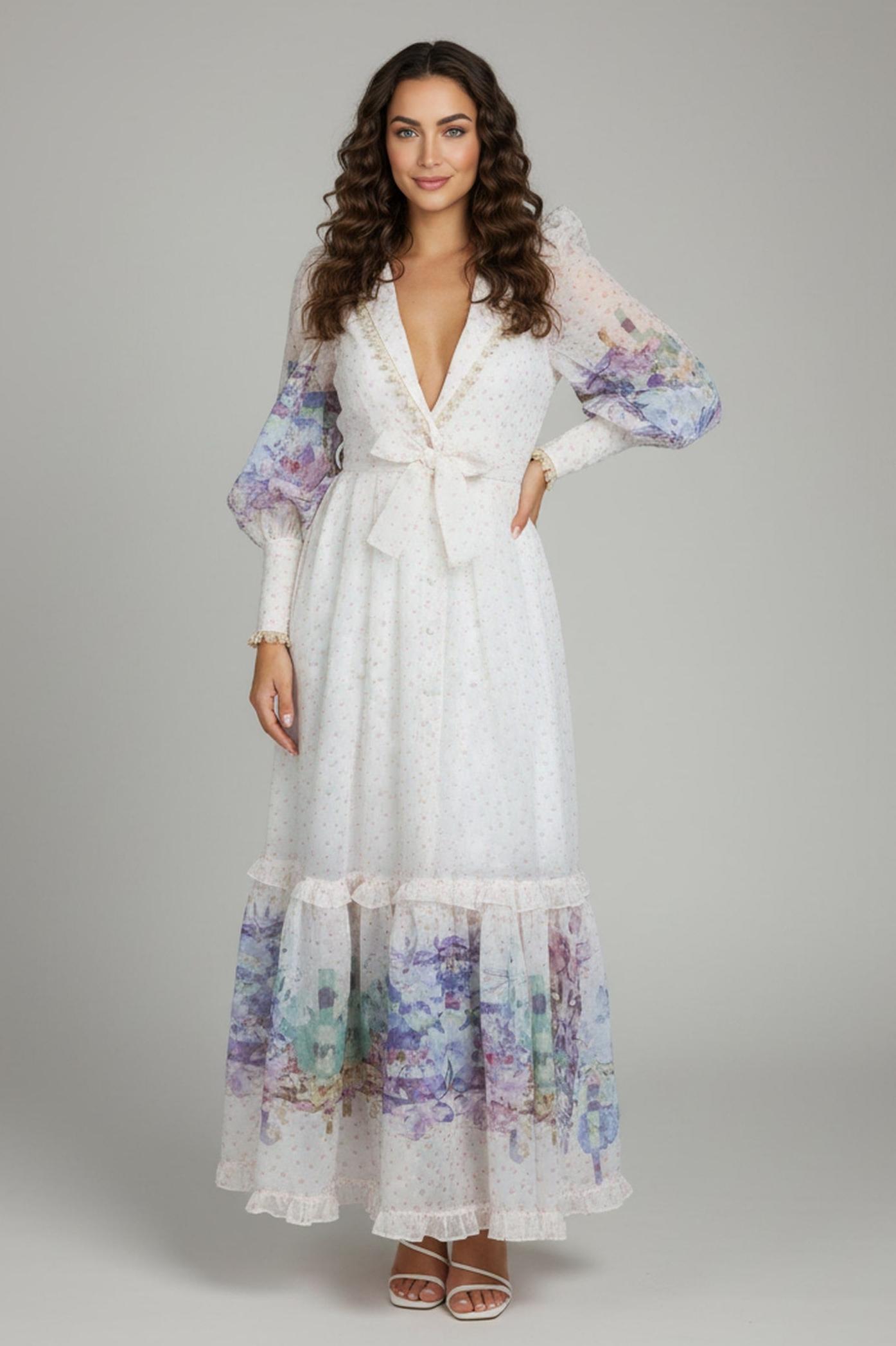 Floral Rivet Tie-Up Midi Dress