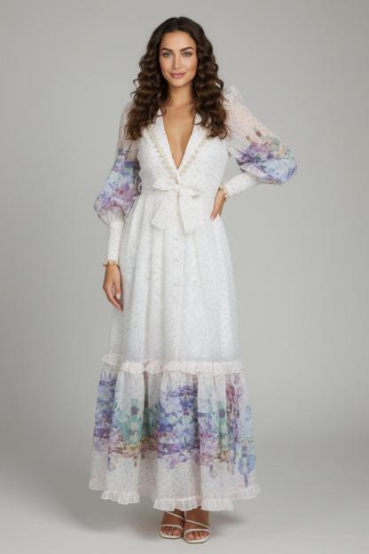 Floral Rivet Tie-Up Midi Dress