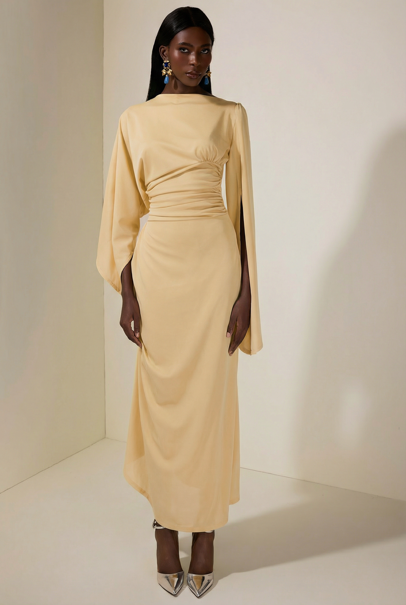 Jersey Gathering Cape Sleeve Maxi Dress