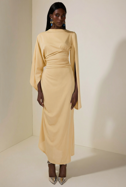 Jersey Gathering Cape Sleeve Maxi Dress