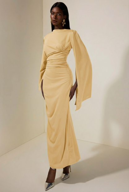 Jersey Gathering Cape Sleeve Maxi Dress