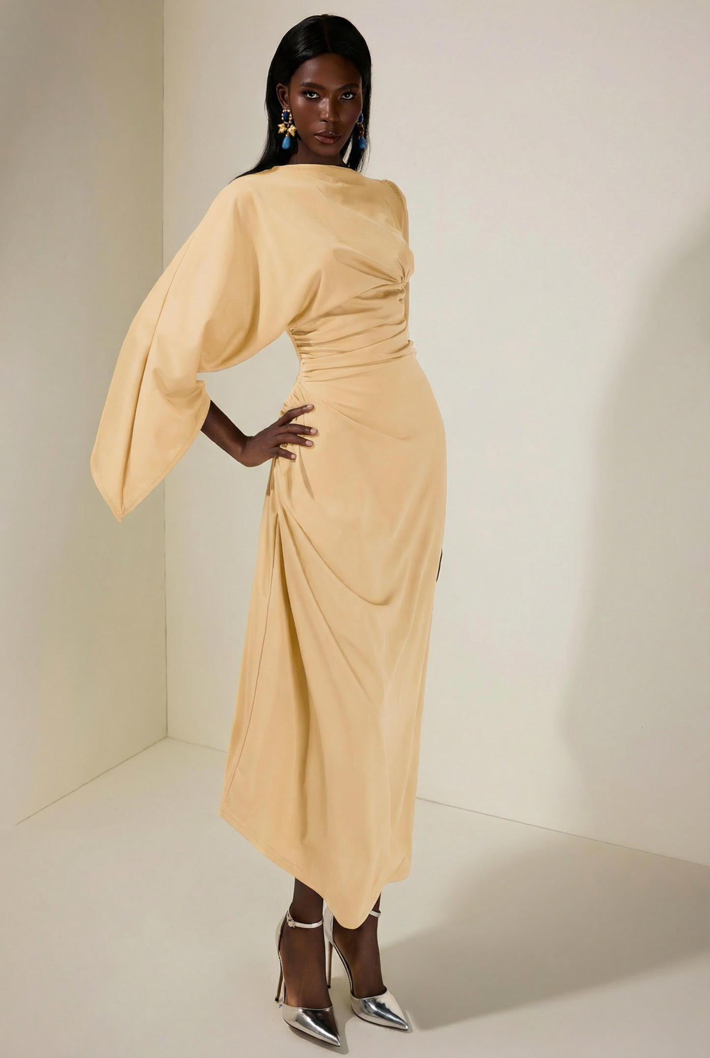 Jersey Gathering Cape Sleeve Maxi Dress