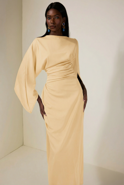 Jersey Gathering Cape Sleeve Maxi Dress