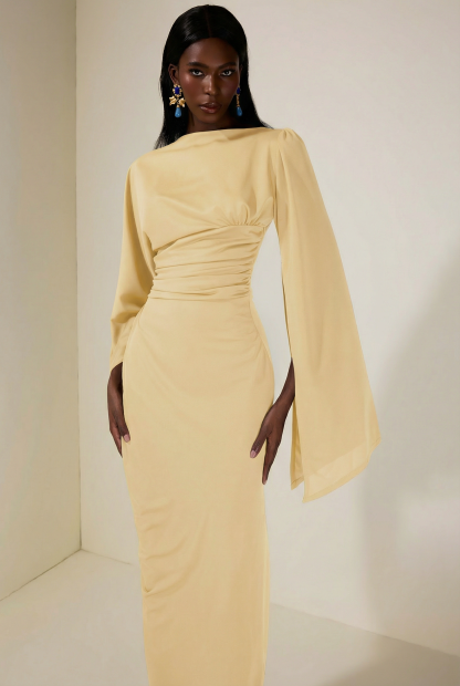 Jersey Gathering Cape Sleeve Maxi Dress