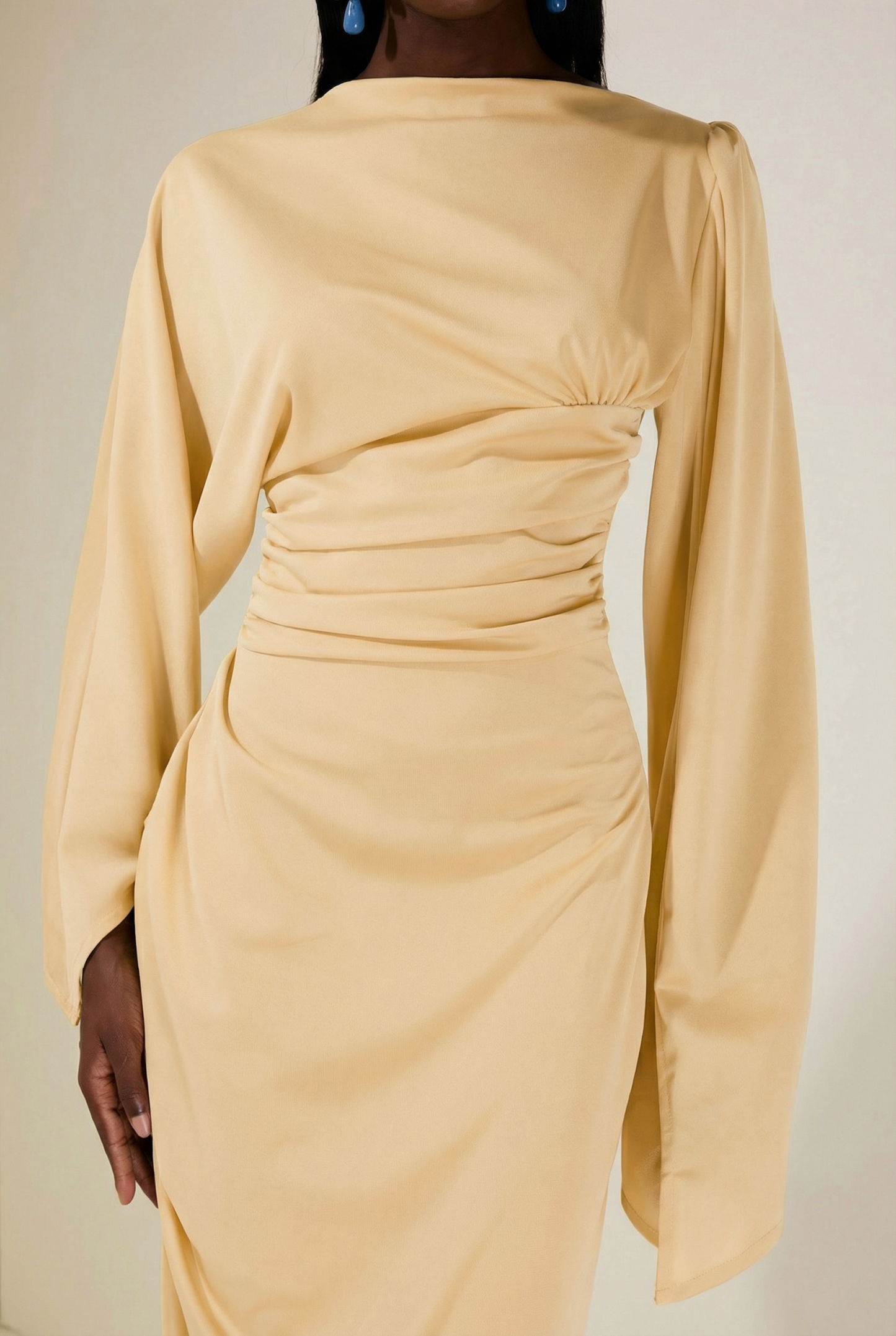 Jersey Gathering Cape Sleeve Maxi Dress