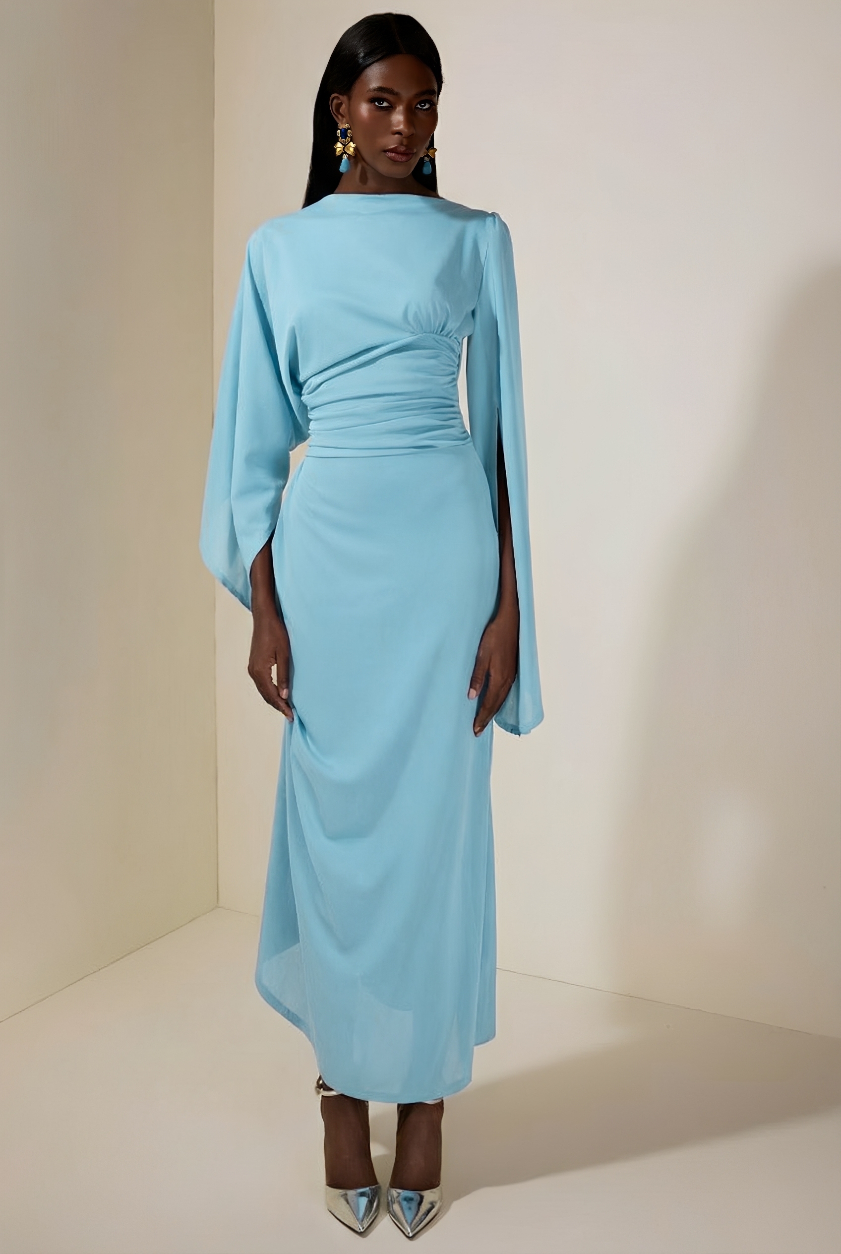 Jersey Gathering Cape Sleeve Maxi Dress