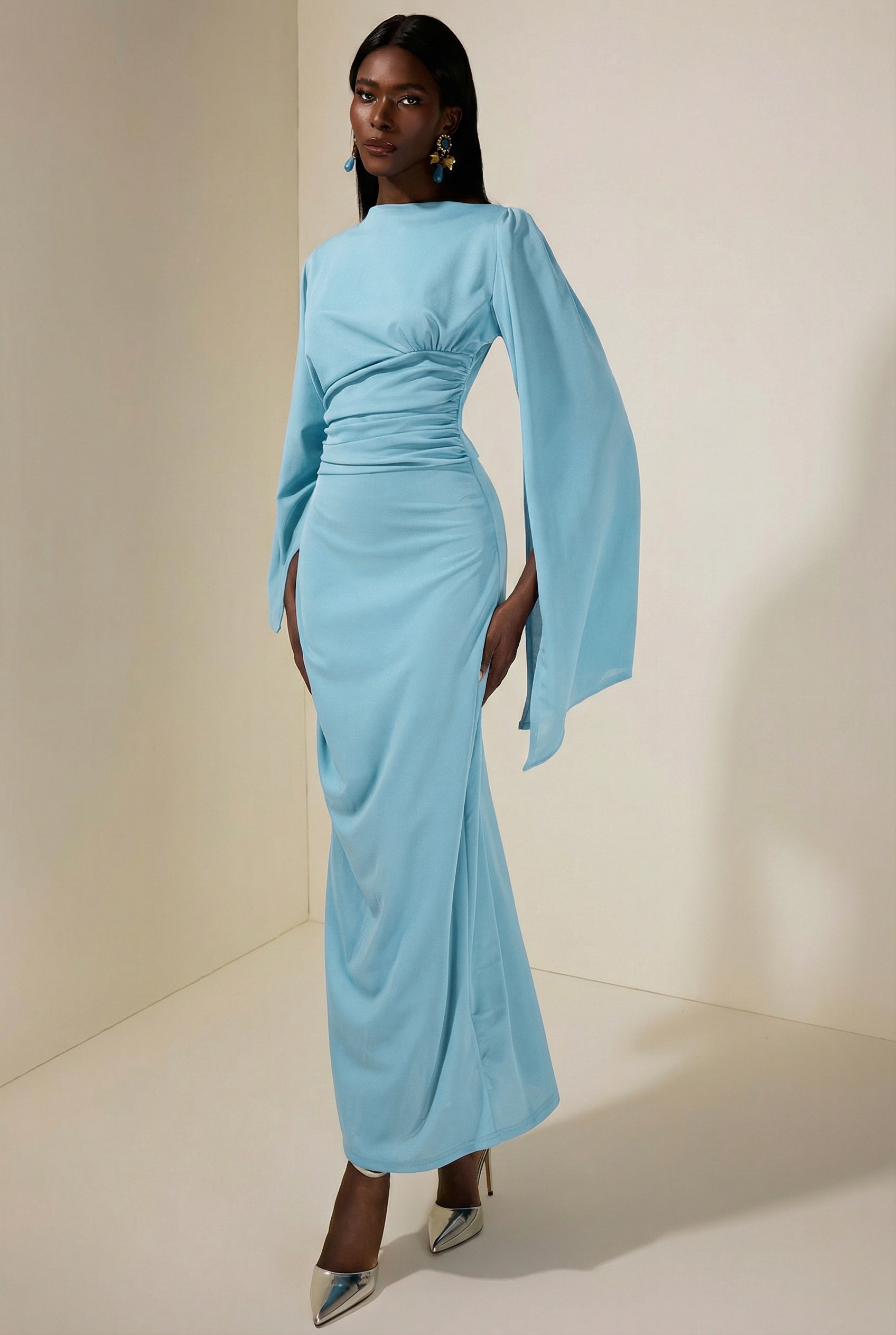 Jersey Gathering Cape Sleeve Maxi Dress