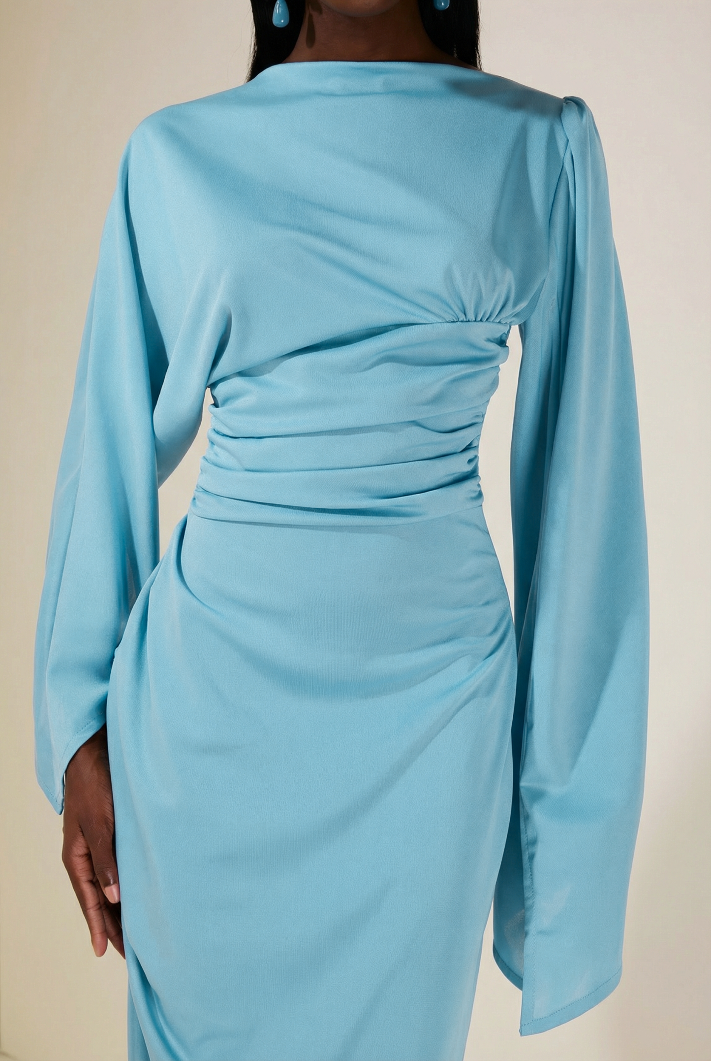 Jersey Gathering Cape Sleeve Maxi Dress