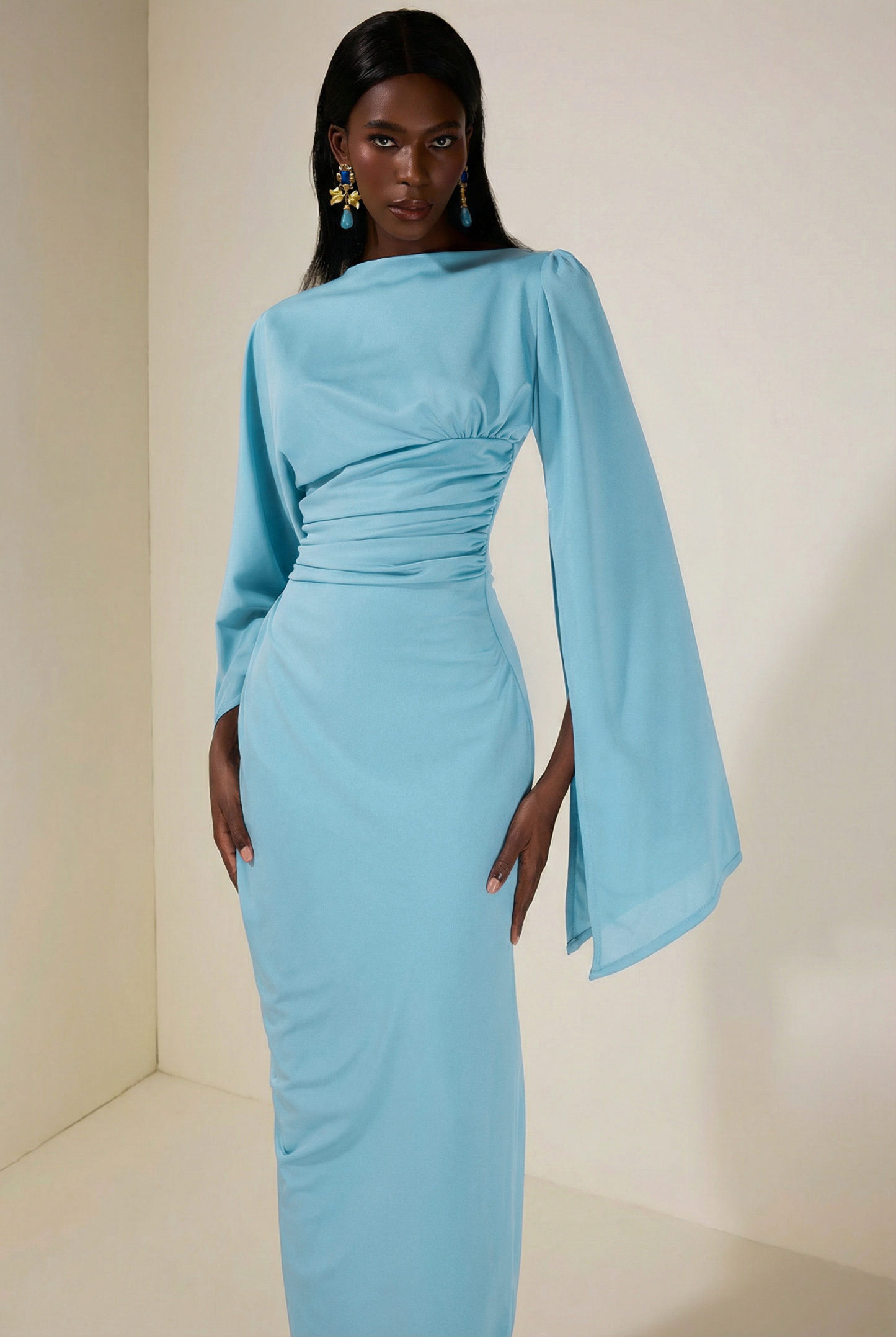 Jersey Gathering Cape Sleeve Maxi Dress