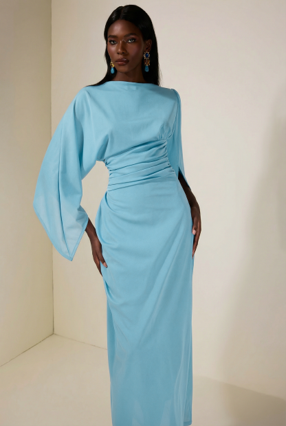 Jersey Gathering Cape Sleeve Maxi Dress